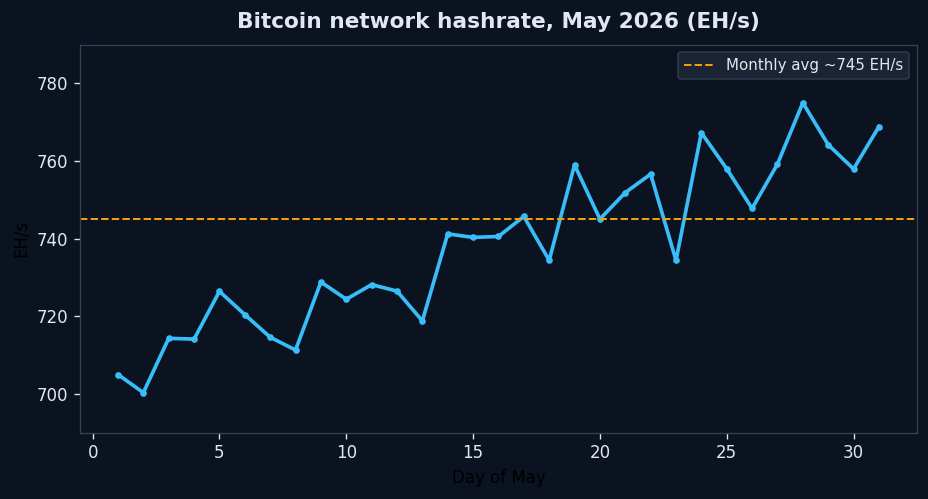 Bitcoin network hashrate chart for May 2026 - POOL BTC data