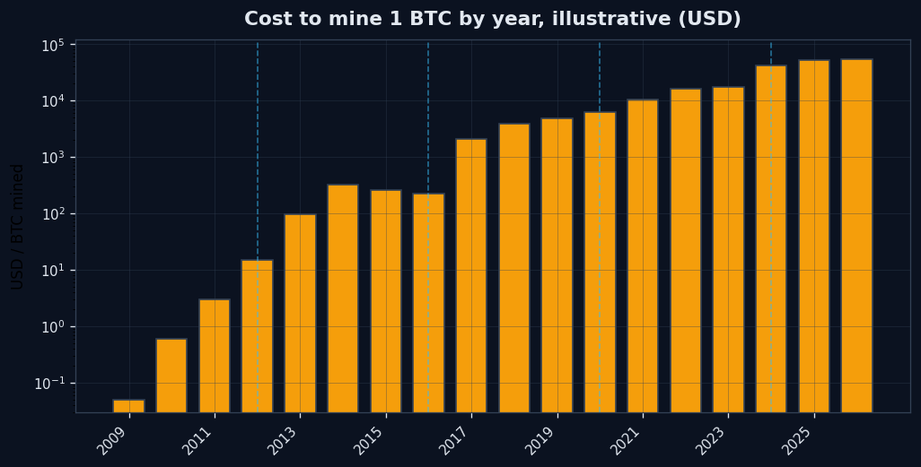 Cost to mine 1 BTC by year 2009-2026 - POOL BTC chart