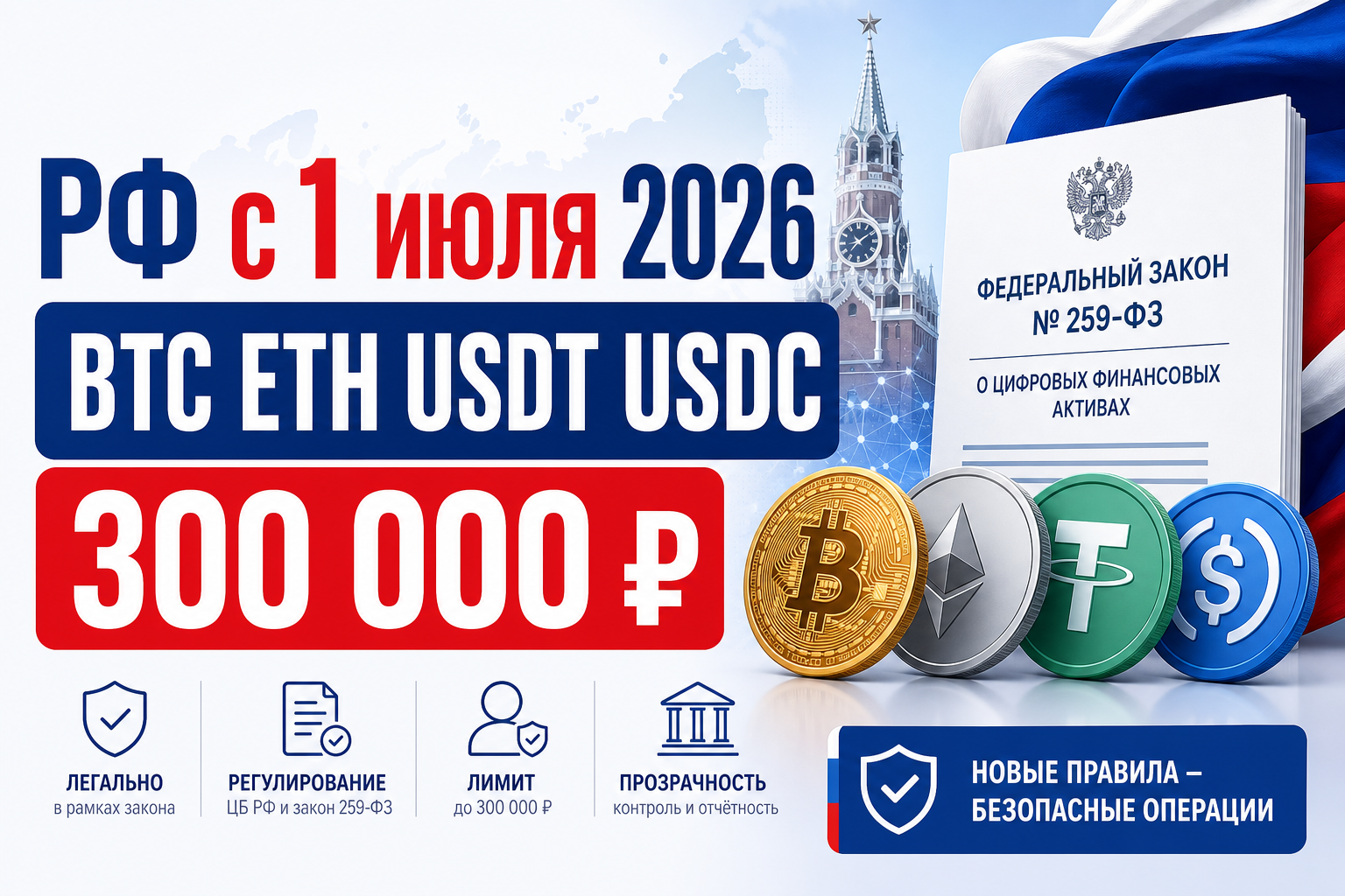 Russia from July 1: BTC, ETH, USDT, USDC, 300k RUB cap